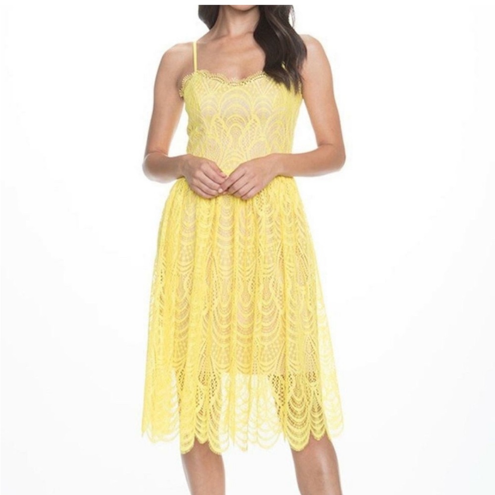 Dress the Population dandelion yellow Francesca lace cocktail dress size small